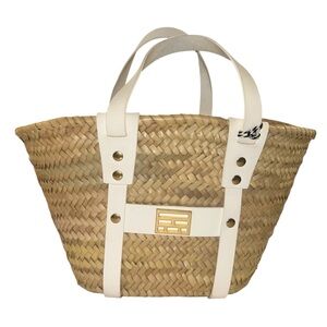 FRAME Straw Woven Leather Trim Petite Mini Tote Bag